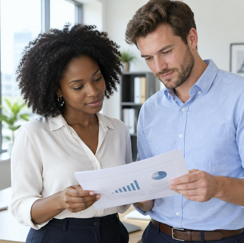 Two colleagues reviewing a printed report together